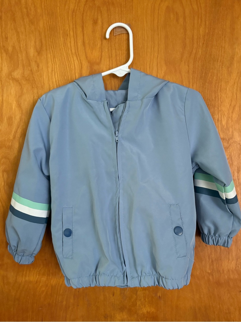 Toddler Light Blue Hooded Zipper Jacket with Stripe Detail, 2T